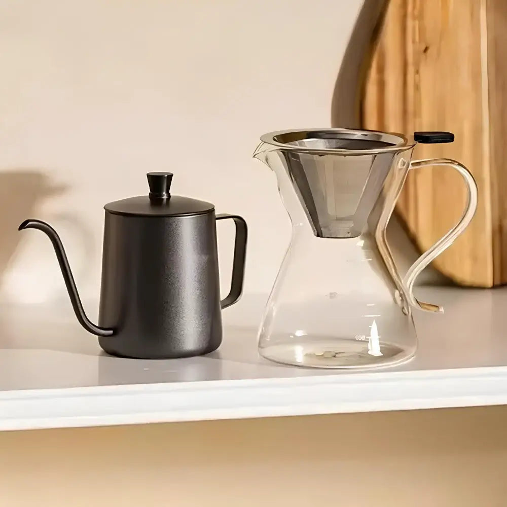 Black Coffee Barista Set – Pour Over Kettle, Borosilicate Glass Jug & Reusable Stainless Steel Filter