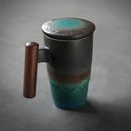 Handmade Ceramic Tea Mug – 3-Piece Set with Infuser & Wooden Handle - 350ml