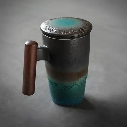 Handmade Ceramic Tea Mug – 3-Piece Set with Infuser & Wooden Handle - 350ml