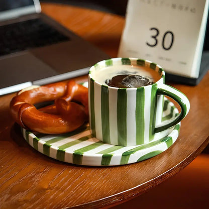 Artisanal Ceramic Mug & Saucer Set – Matcha Green & Golden Honey