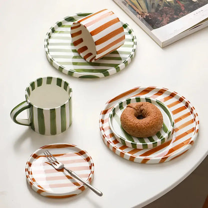 Artisanal Ceramic Mug & Saucer Set – Matcha Green & Golden Honey