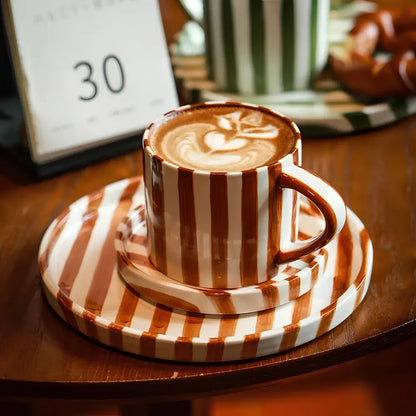 Artisanal Ceramic Mug & Saucer Set – Matcha Green & Golden Honey