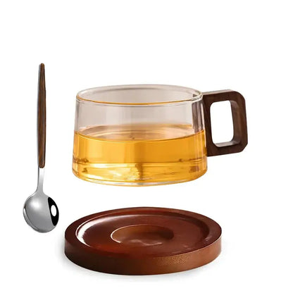 Walnut Harmony – Handcrafted Glass Cup & Saucer Set