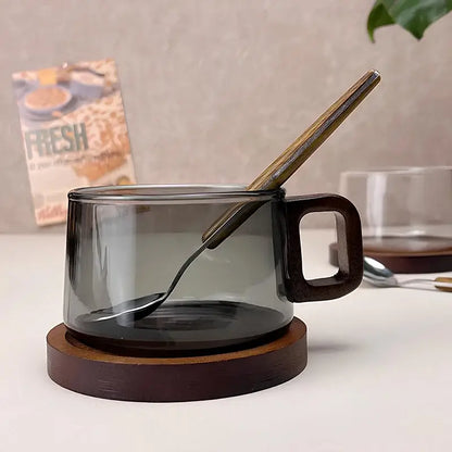 Walnut Harmony – Handcrafted Glass Cup & Saucer Set