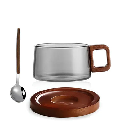 Walnut Harmony – Handcrafted Glass Cup & Saucer Set