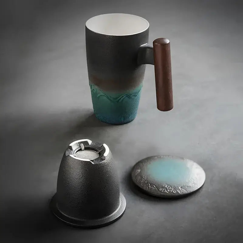 Handmade Ceramic Tea Mug – 3-Piece Set with Infuser & Wooden Handle - 350ml