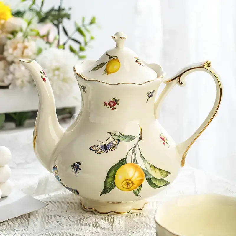 Il Limone - Porcelain Tea Cup & Teapot Set with Sicilian Lemons and Butterflies