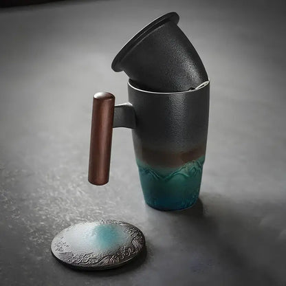 Handmade Ceramic Tea Mug – 3-Piece Set with Infuser & Wooden Handle - 350ml