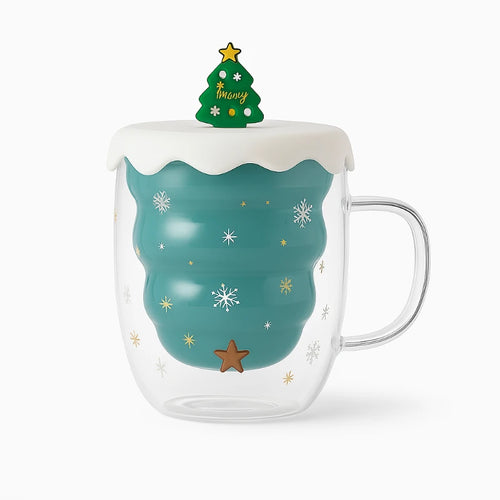 Christmas Tree Double Glass Mug with Lid – 350ml