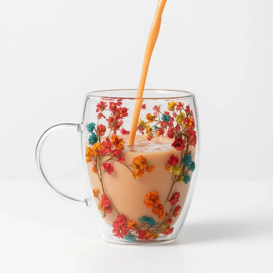 Handcrafted Double Glass Flowers Mug