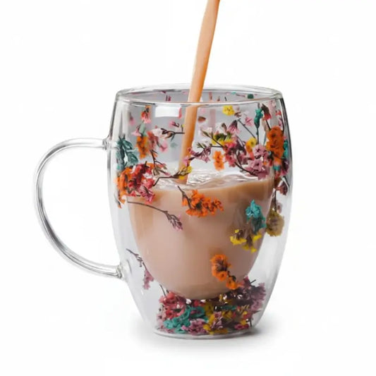 Handcrafted Double Glass Flowers Mug