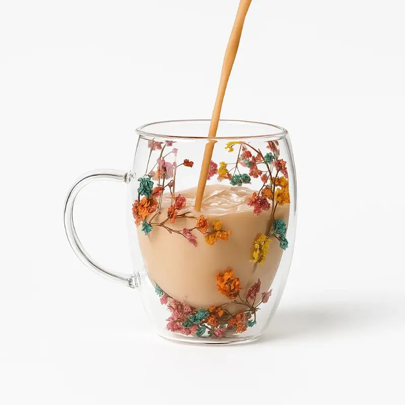 Handcrafted Double Glass Flowers Mug