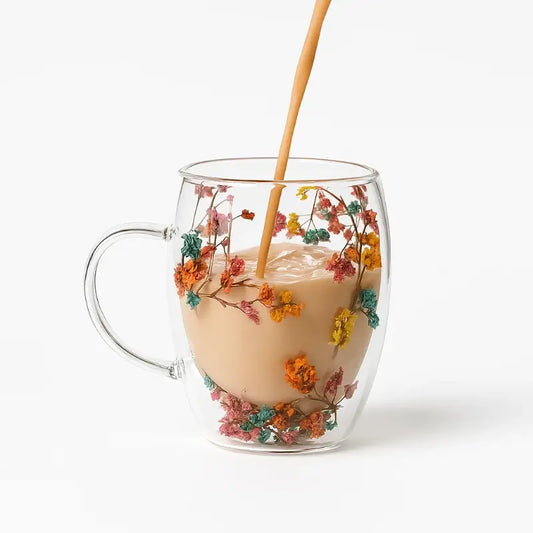 Handcrafted Double Glass Flowers Mug