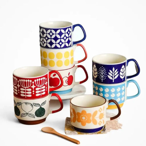 Handcrafted Japanese Ceramic Mug Set – Retro Designs for Tea and Coffee Lovers