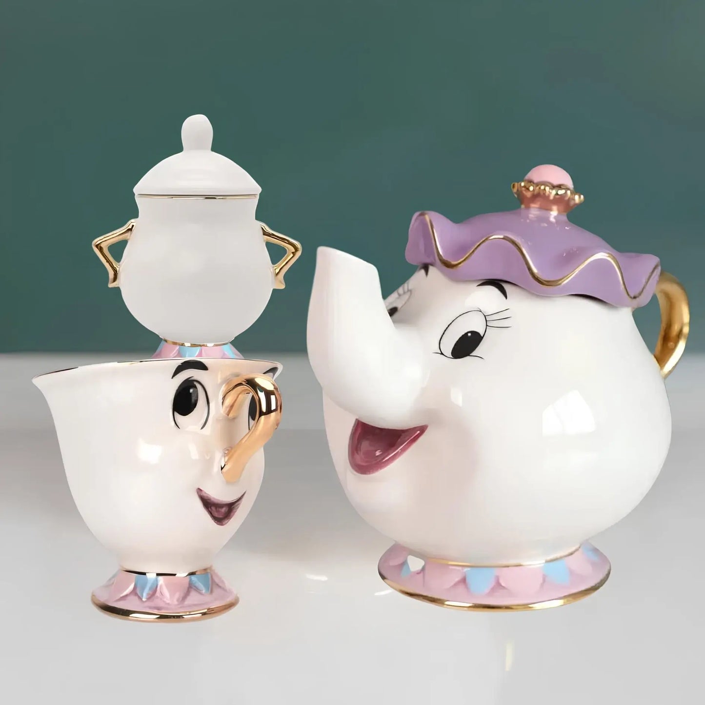 Mrs. Potts & Chip Tea Set – Hand-Painted Porcelain Teapot, Cups & Sugar Bowl