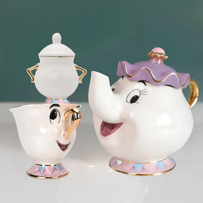 Mrs. Potts & Chip Tea Set – Hand-Painted Porcelain Teapot, Cups & Sugar Bowl