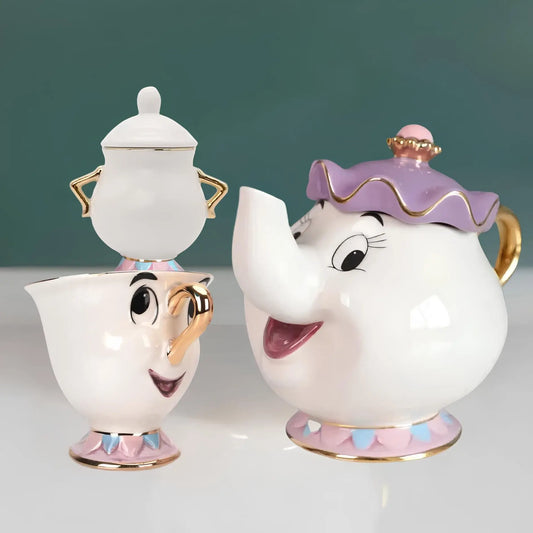 Mrs. Potts & Chip Tea Set – Hand-Painted Porcelain Teapot, Cups & Sugar Bowl