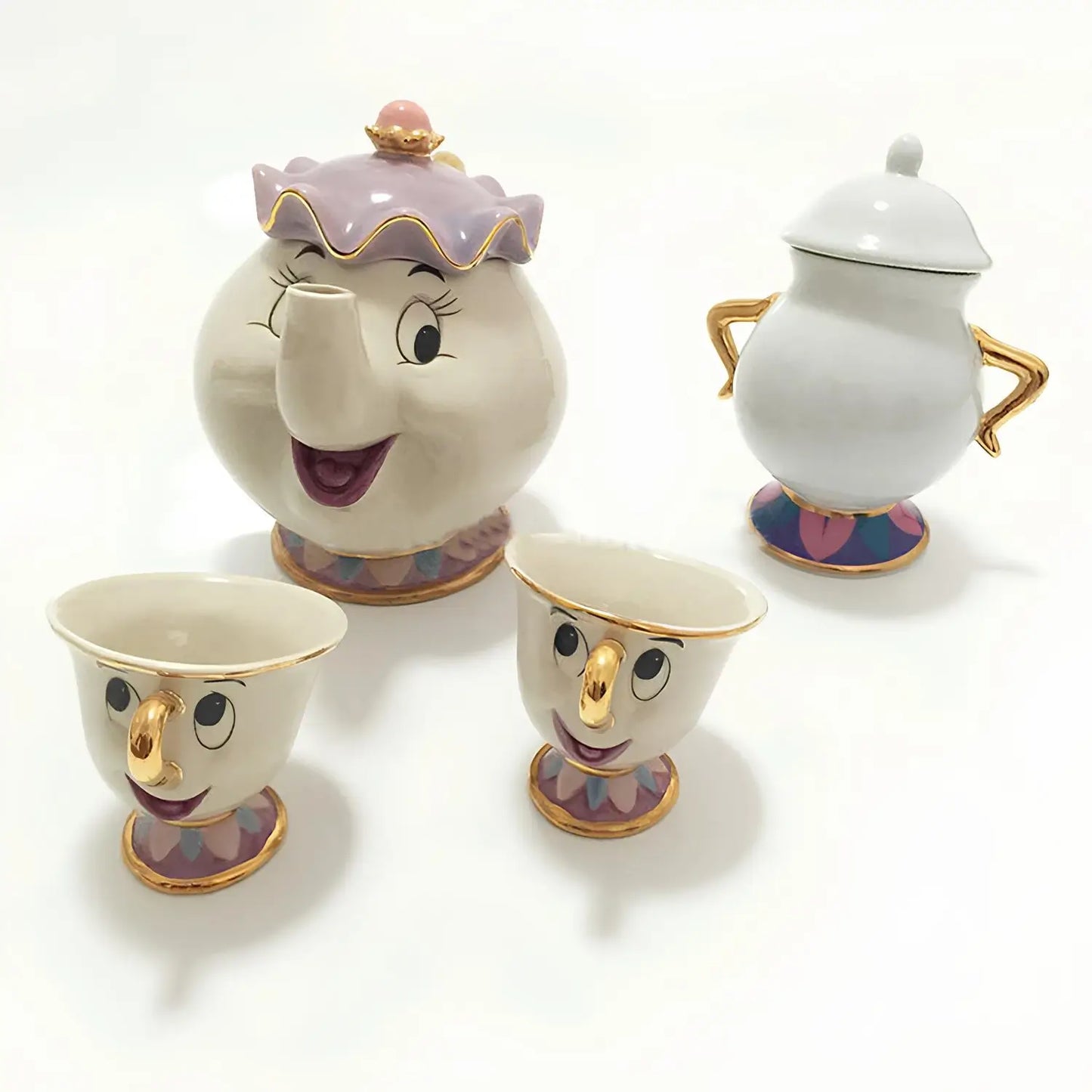 Mrs. Potts & Chip Tea Set – Hand-Painted Porcelain Teapot, Cups & Sugar Bowl