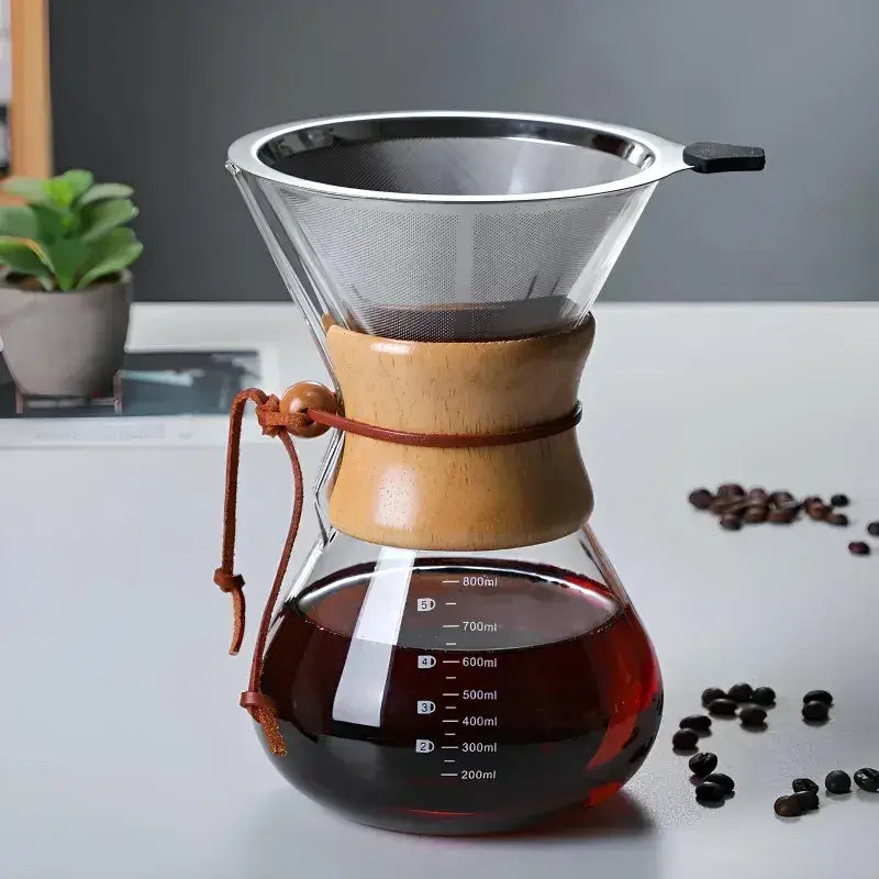 Glass Pour-Over Coffee Maker with Reusable Stainless Steel Filter – Chemex Style