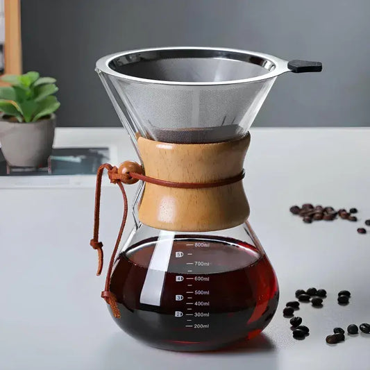 Glass Pour-Over Coffee Maker with Reusable Stainless Steel Filter – Chemex Style
