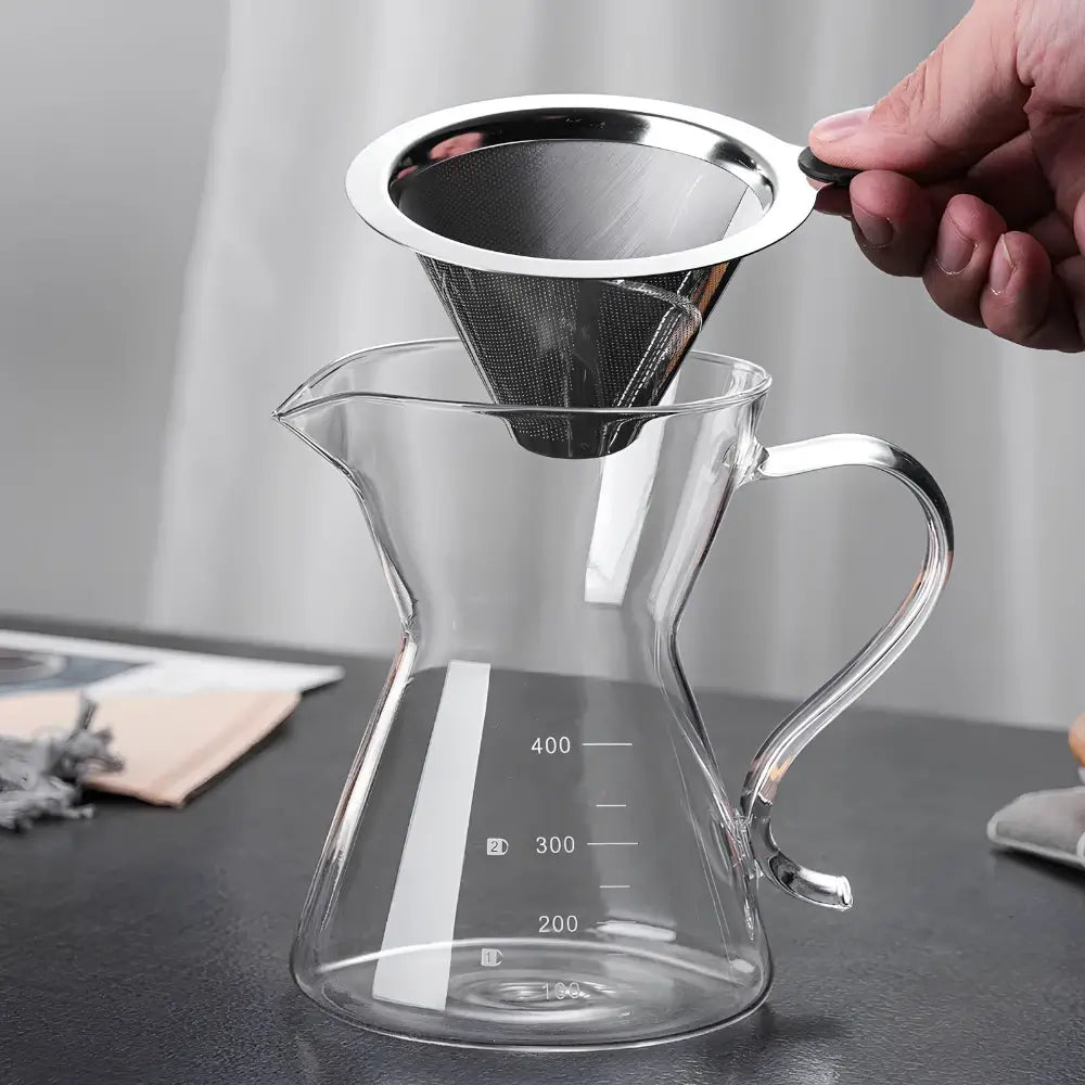Black Coffee Barista Set – Pour Over Kettle, Borosilicate Glass Jug & Reusable Stainless Steel Filter