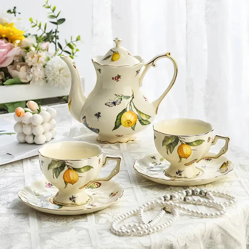 Il Limone - Porcelain Tea Cup & Teapot Set with Sicilian Lemons and Bu ...