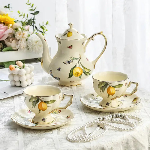 Il Limone - Porcelain Tea Cup & Teapot Set with Sicilian Lemons and Butterflies