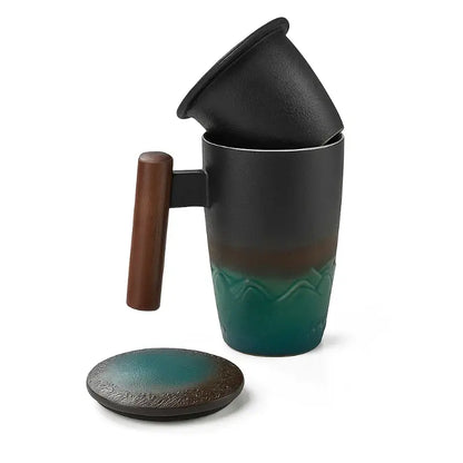 Handmade Ceramic Tea Mug – 3-Piece Set with Infuser & Wooden Handle - 350ml